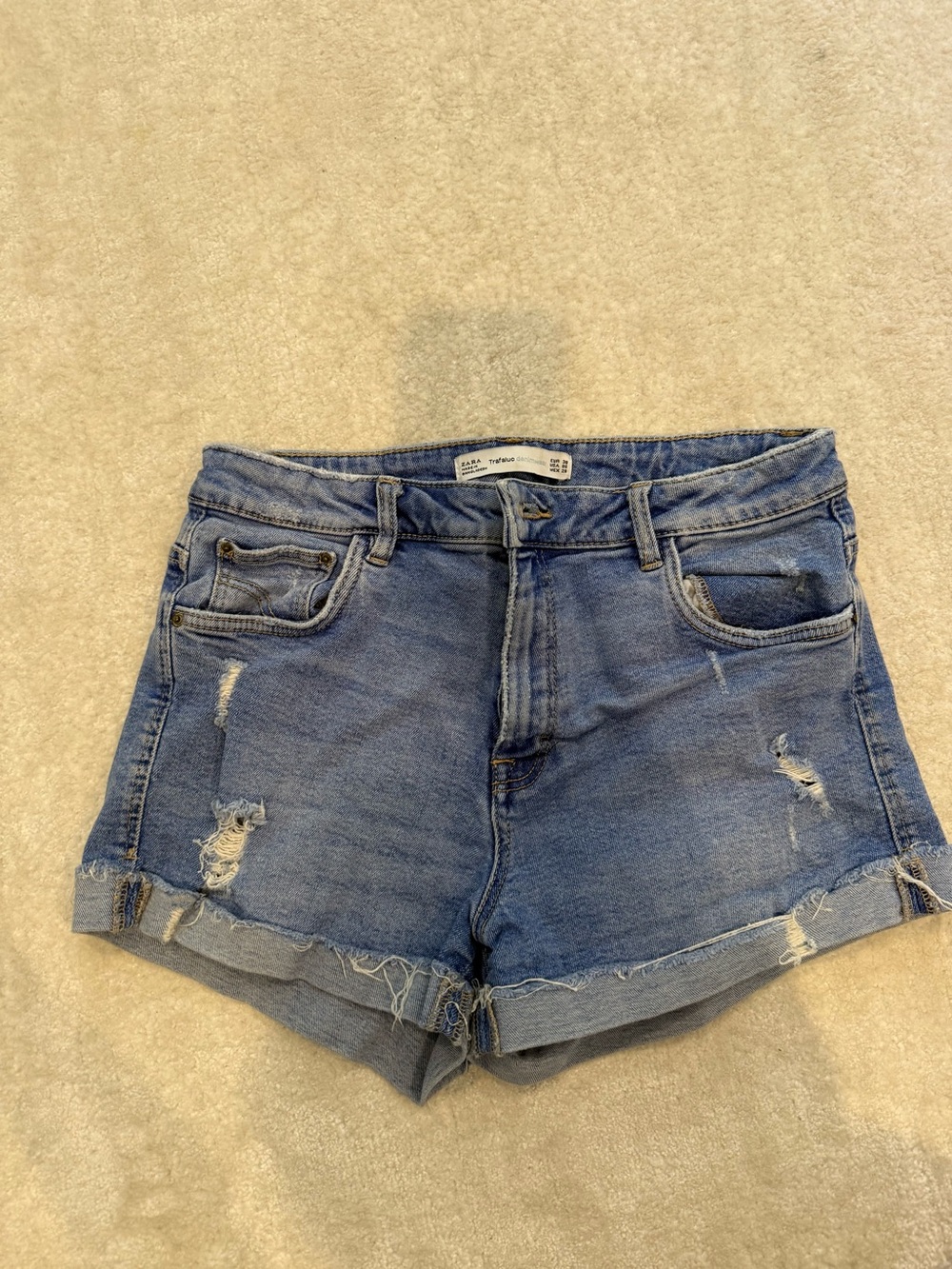 Zara Light Blue Distressed Denim Shorts